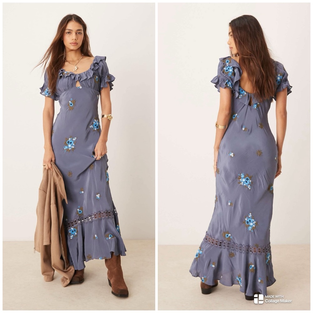 Free People Bali Santa Cruz Maxi Dress in Blue Floral New Size Medium